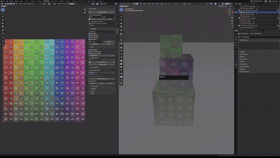 Stacked crates: contact faces shrink, visible faces grow