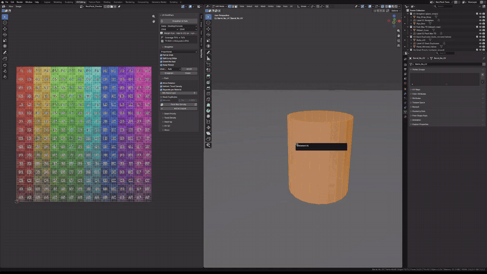 Barrel with no UV map: unwrapped, straightened and packed